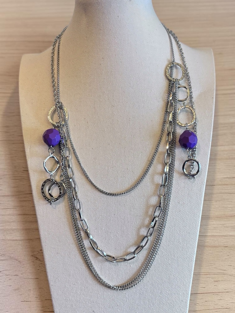 Multi-Strand Silver Tone Long Necklace with Purple Faceted Beads